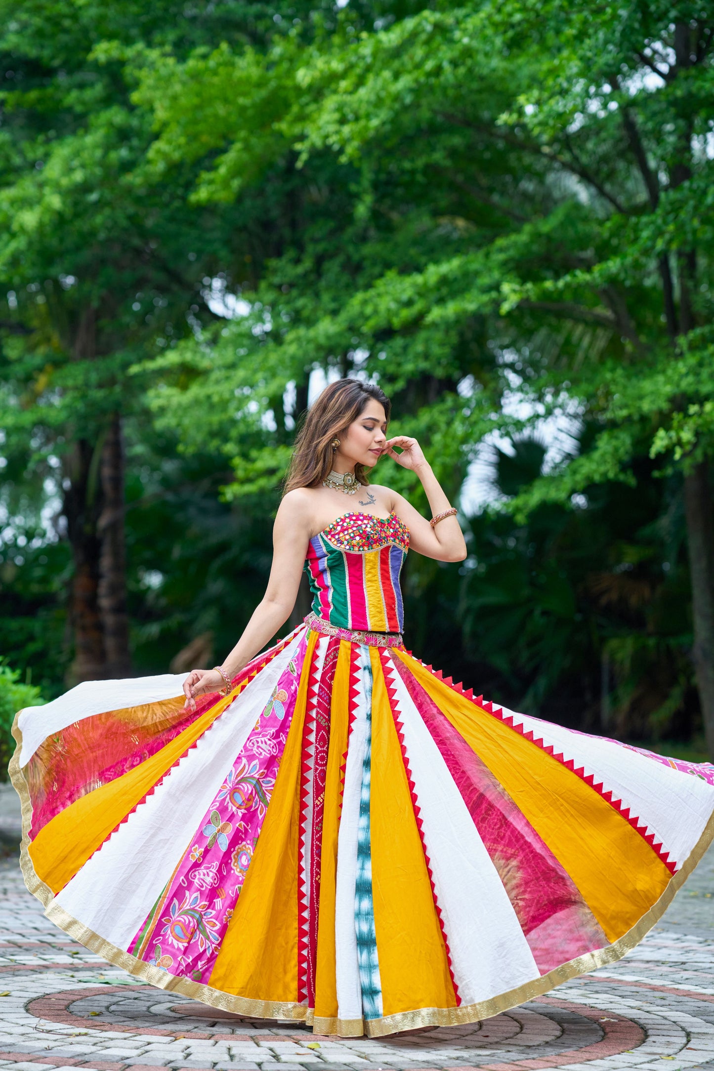 Old Marigold Corset With Multi Lehanga