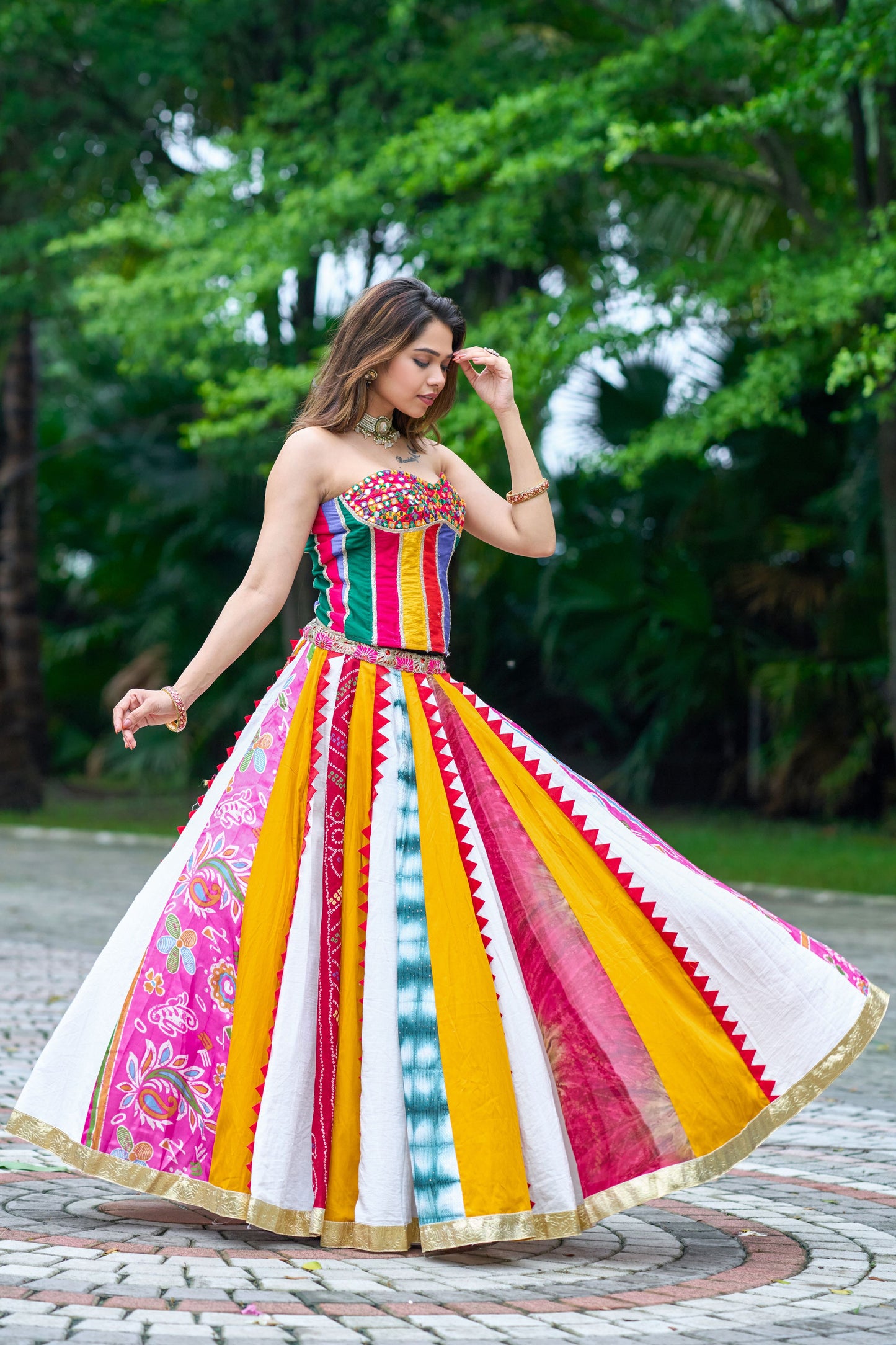 Old Marigold Corset With Multi Lehanga