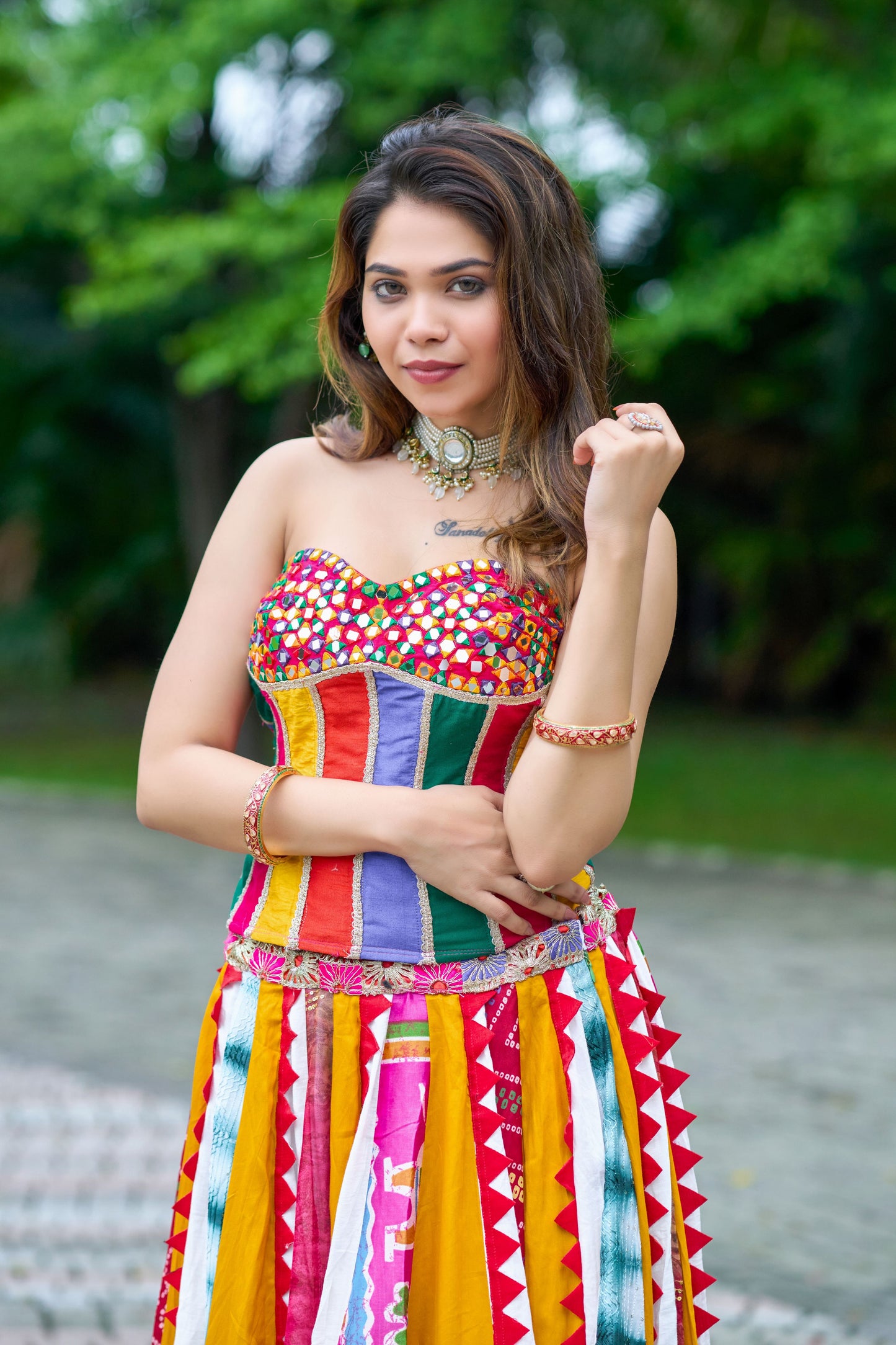 Old Marigold Corset With Multi Lehanga
