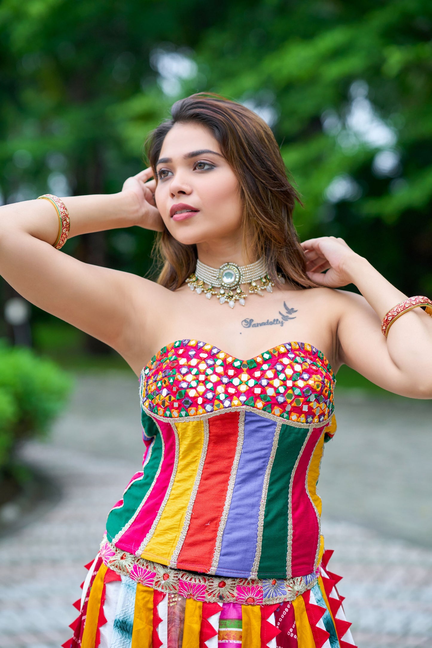 Old Marigold Corset With Multi Lehanga