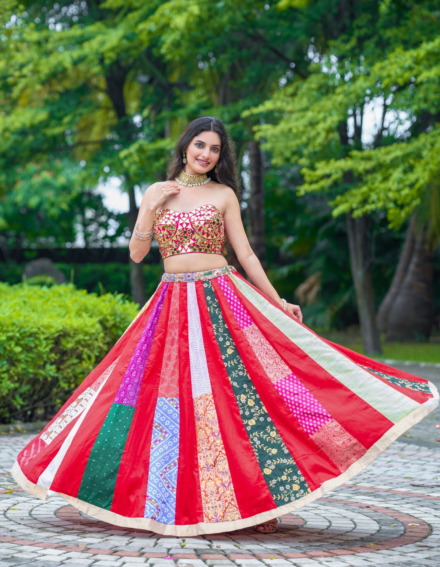 Red Scarlett Corset Mirror Blouse With Multi Lehanga
