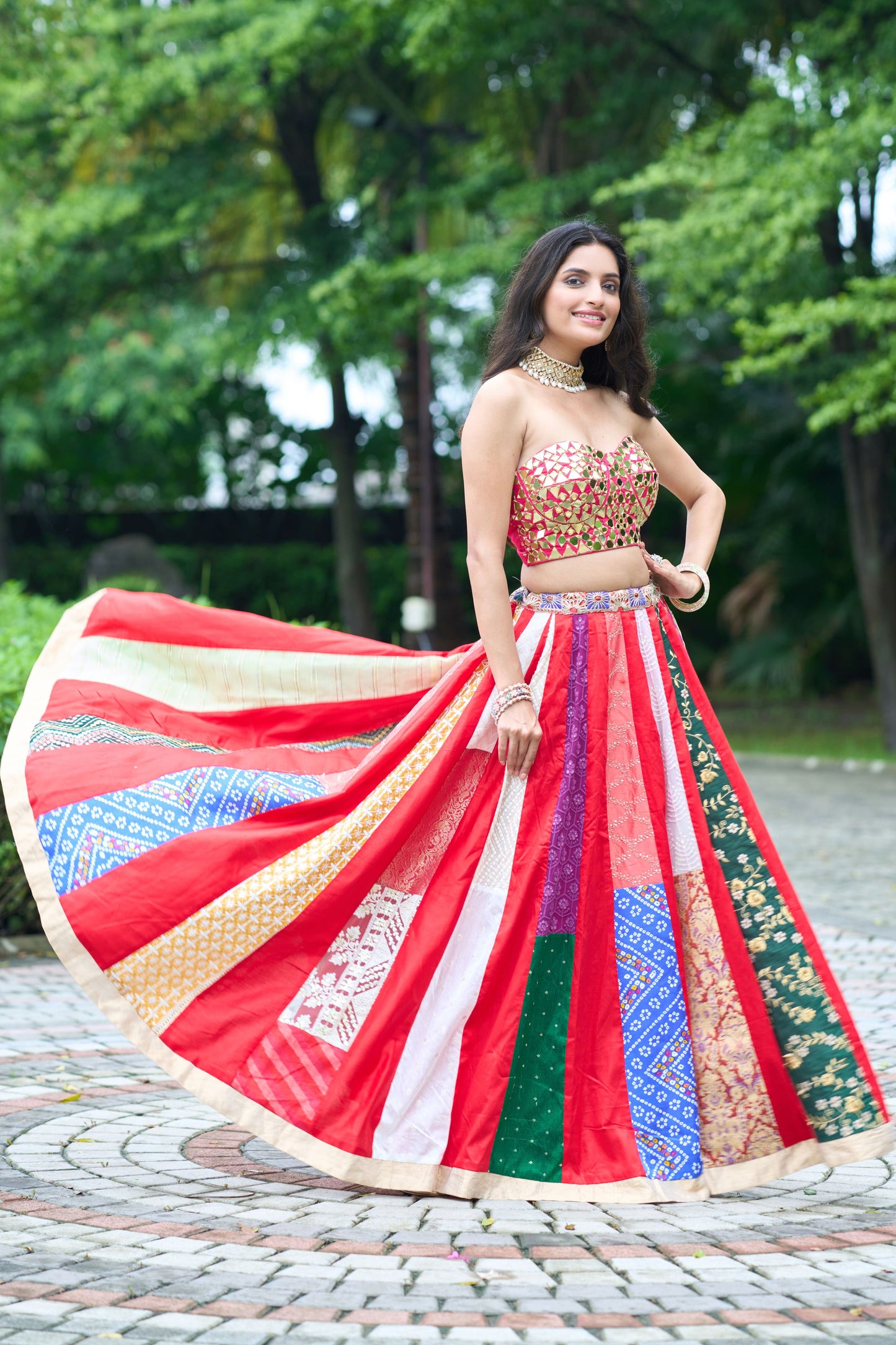Red Scarlett Corset Mirror Blouse With Multi Lehanga