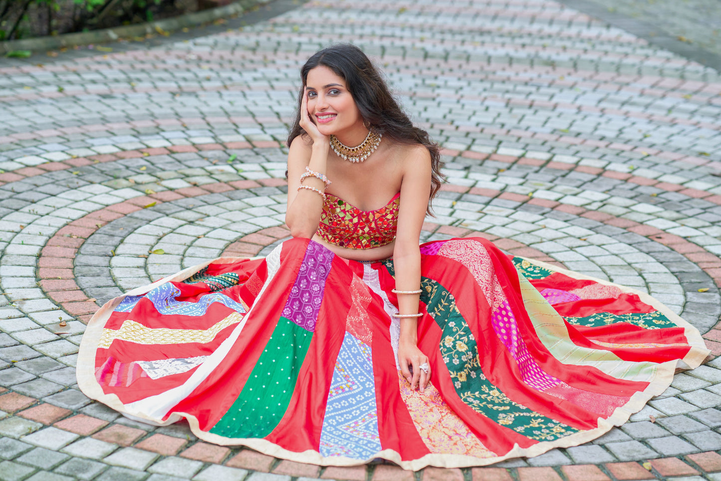 Red Scarlett Corset Mirror Blouse With Multi Lehanga