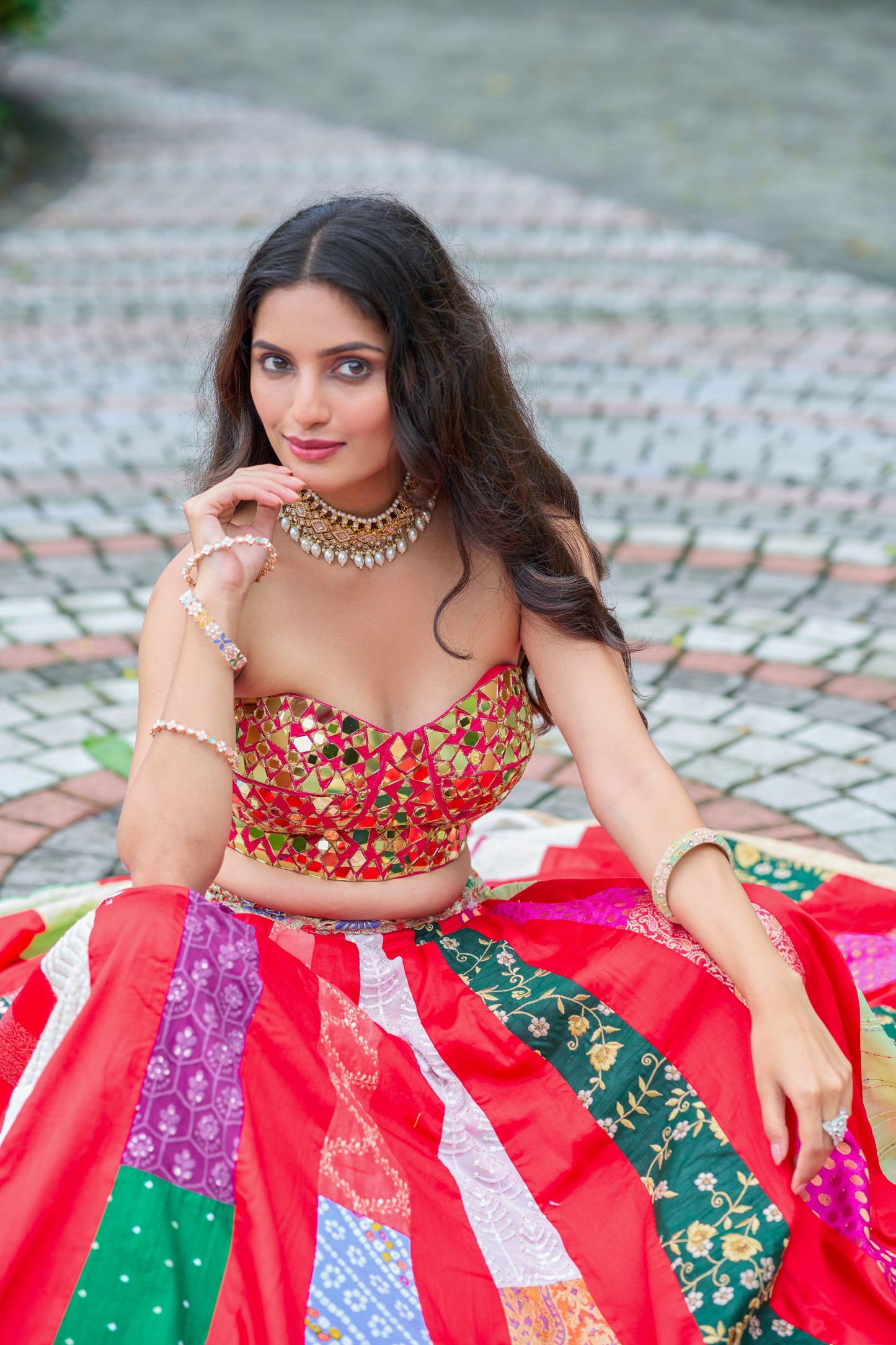 Red Scarlett Corset Mirror Blouse With Multi Lehanga