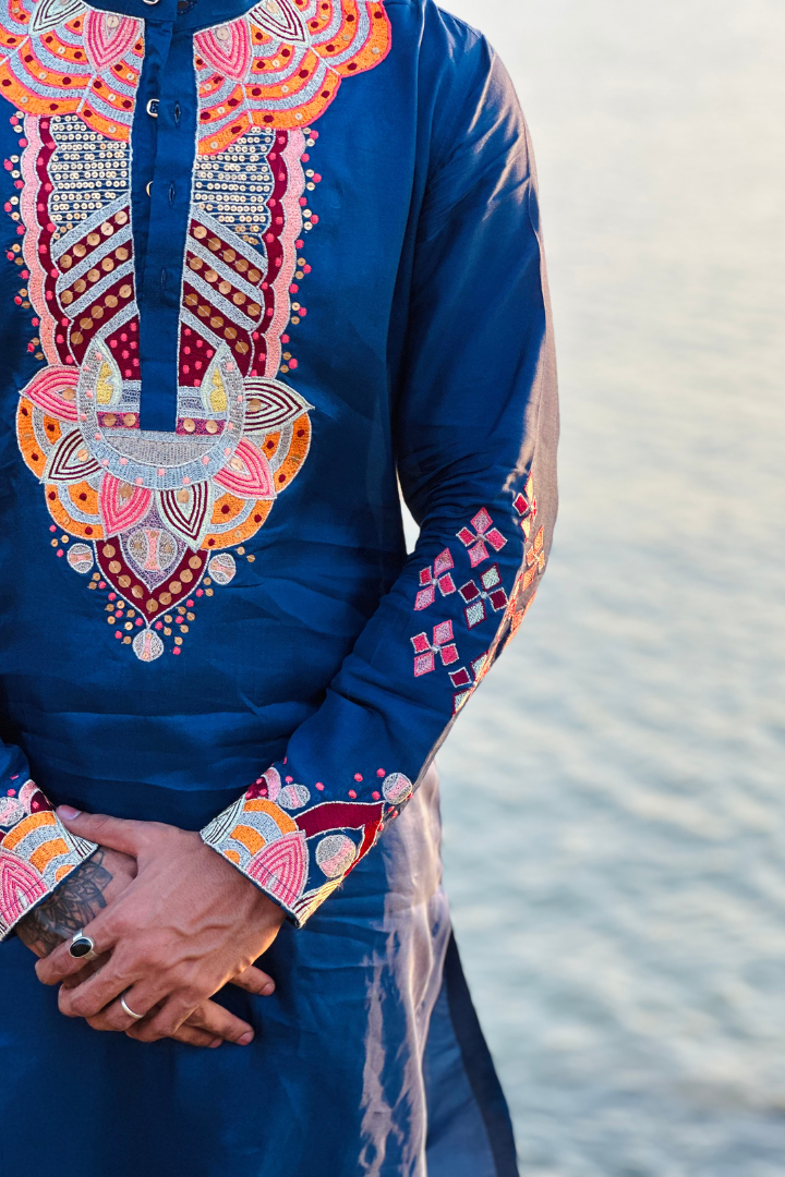 Bice Blue Kashmiri Work Men's Kurta