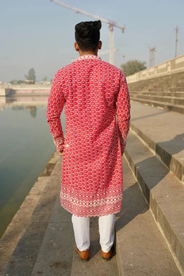 Buy Laal Kila - Red Georgette with White Embroidery Kurta