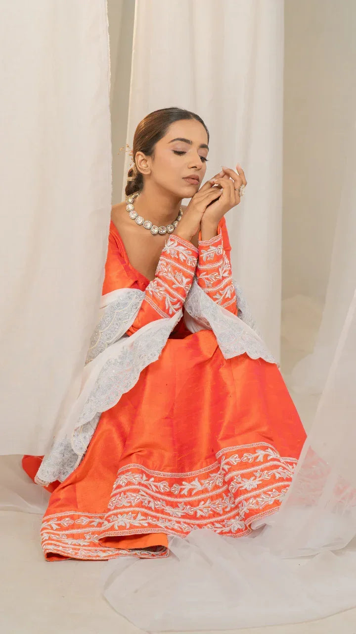 Buy Kesar-Pista Orange Raw Silk Anarkali with White Embroidery and Organza Dupatta