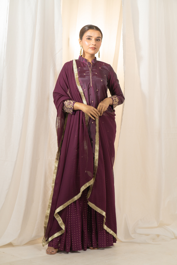 Magenta Zari Silk Kurta Sharara with Dupatta