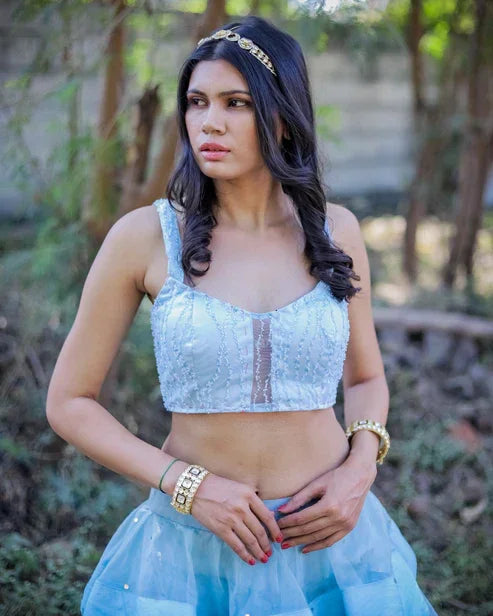 Buy Light Blue Organza Layered Crop Top and Skirt Set