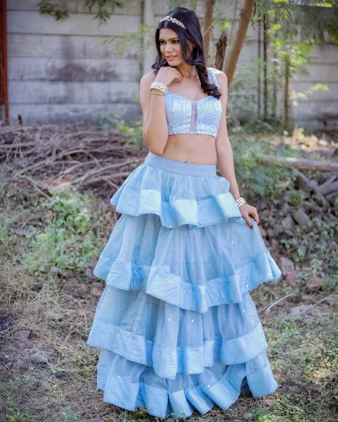 Light Blue Organza Layered Crop Top and Skirt Set – Kzari The