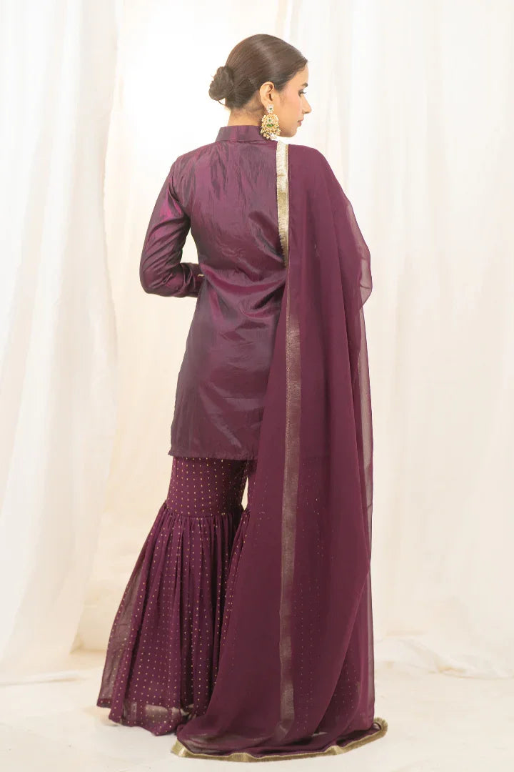Buy Magenta Zari Silk Kurta Sharara with Dupatta