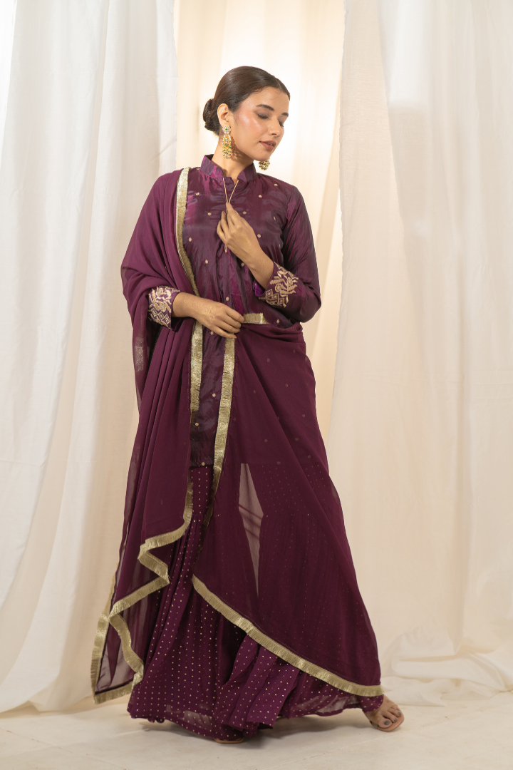 Magenta Zari Silk Kurta Sharara with Dupatta