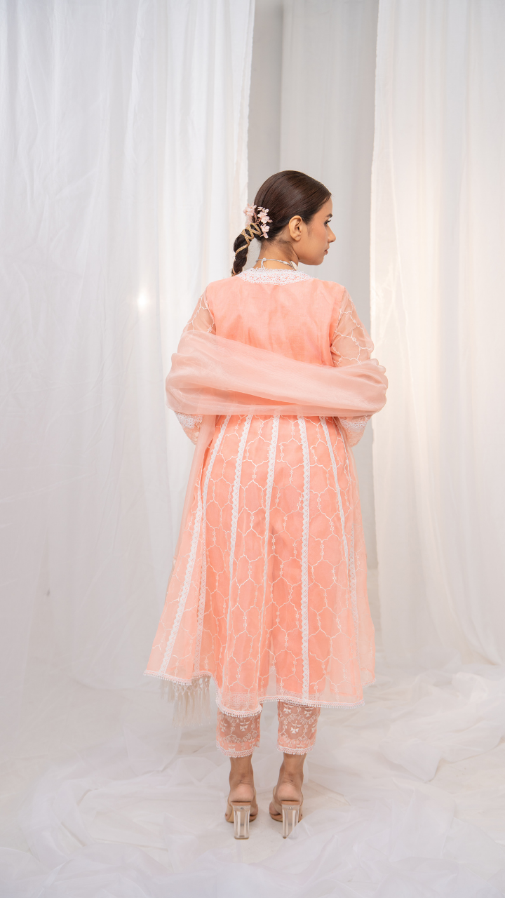 Ethereal Kesari Organza Anarkali with Safed Embroidery, Pants, and Dupatta