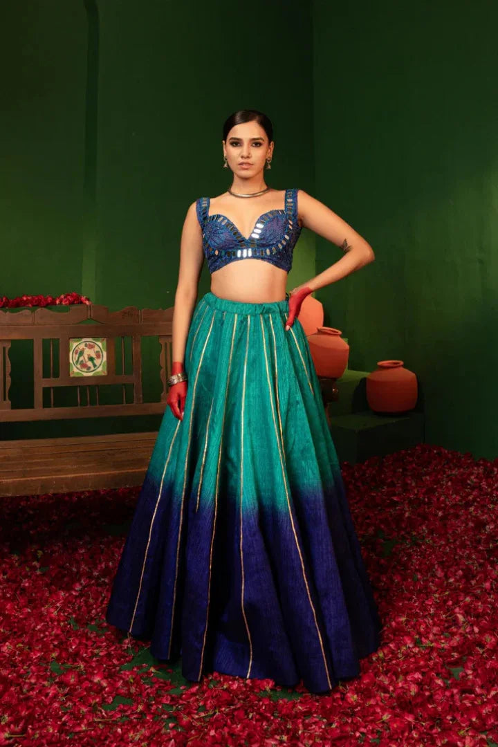 Buy Devi Azure Silk Lehenga in Raw Silk & Crepe