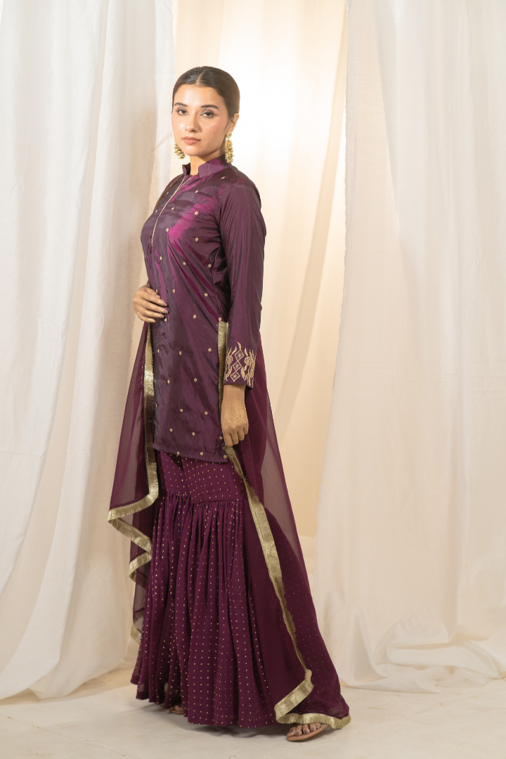 Magenta Zari Silk Kurta Sharara with Dupatta