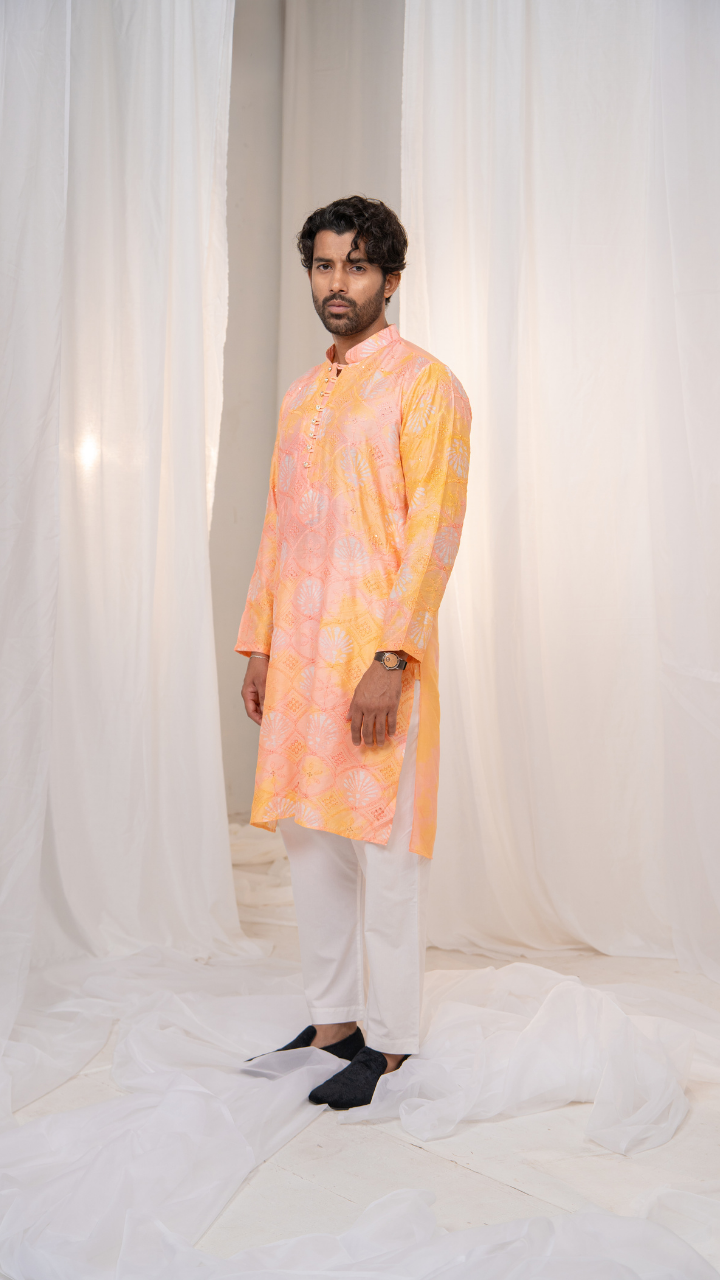 Kesari Peach Batik Star Chanderi Silk Kurta