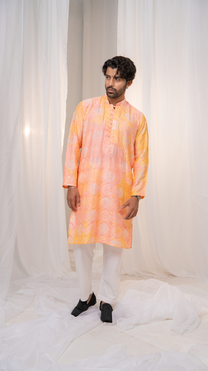 Kesari Peach Batik Star Chanderi Silk Kurta