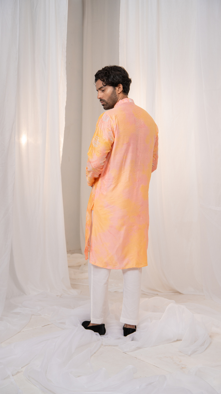 Kesari Peach Batik Star Chanderi Silk Kurta