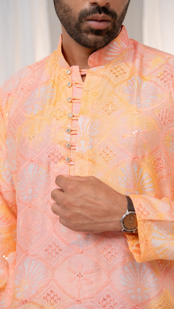 Kesari Peach Batik Star Chanderi Silk Kurta