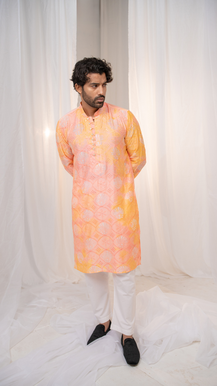 Kesari Peach Batik Star Chanderi Silk Kurta