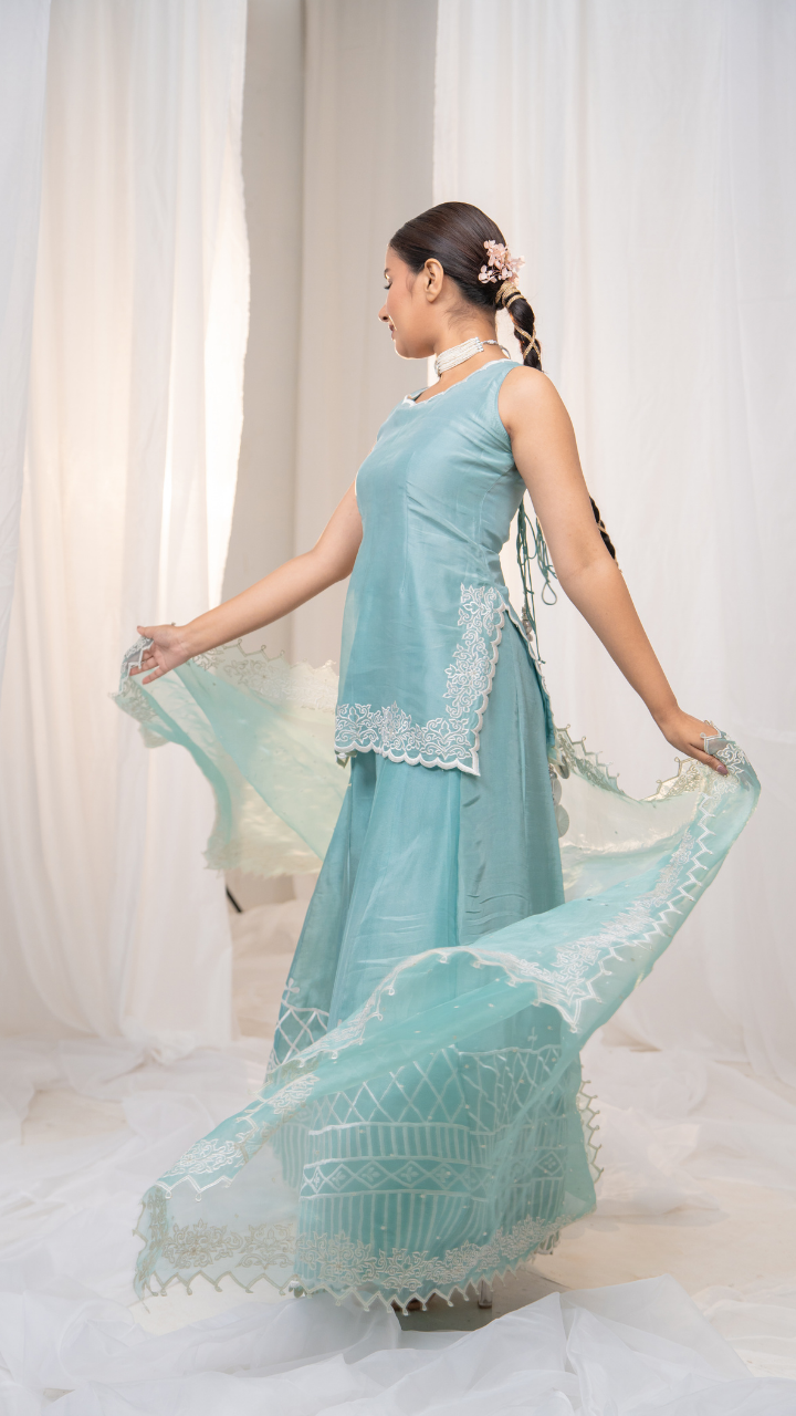Bubbly Blue Sharara Set with Elegant White Embroidery Detail
