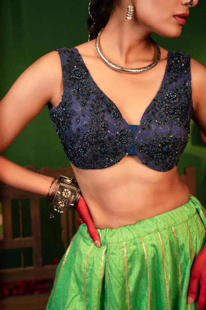 Buy Devi Pacific Green Lehenga in Raw Silk, Chiffon & Crepe