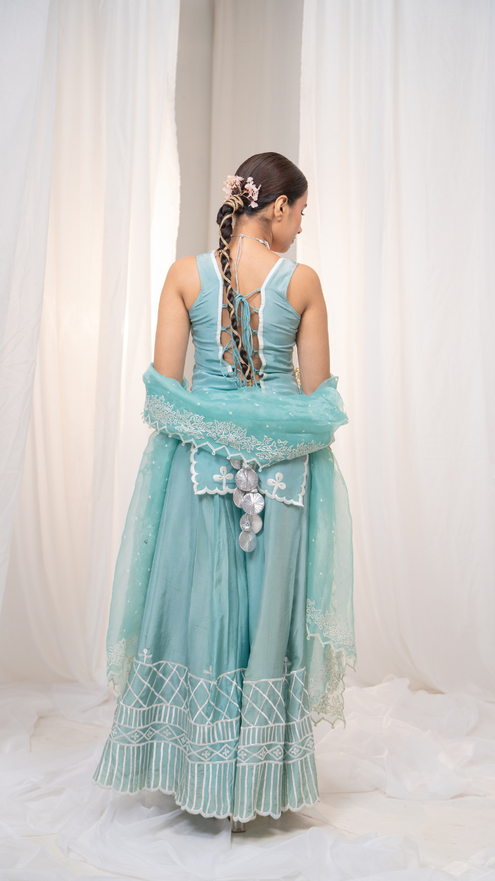 Bubbly Blue Sharara Set with Elegant White Embroidery Detail