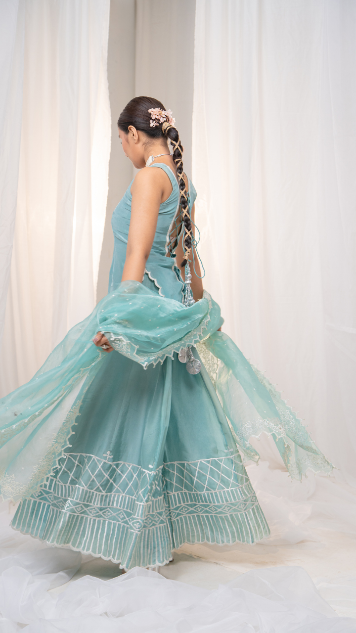 Bubbly Blue Sharara Set with Elegant White Embroidery Detail