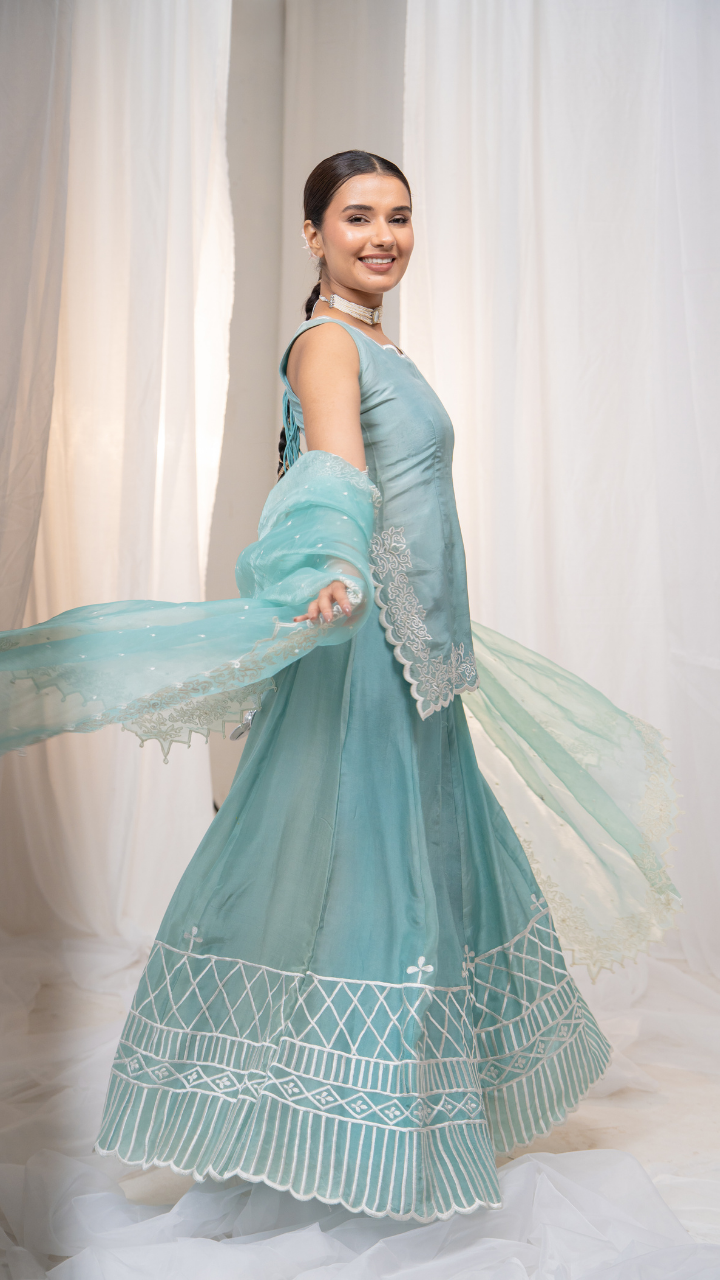 Bubbly Blue Sharara Set with Elegant White Embroidery Detail