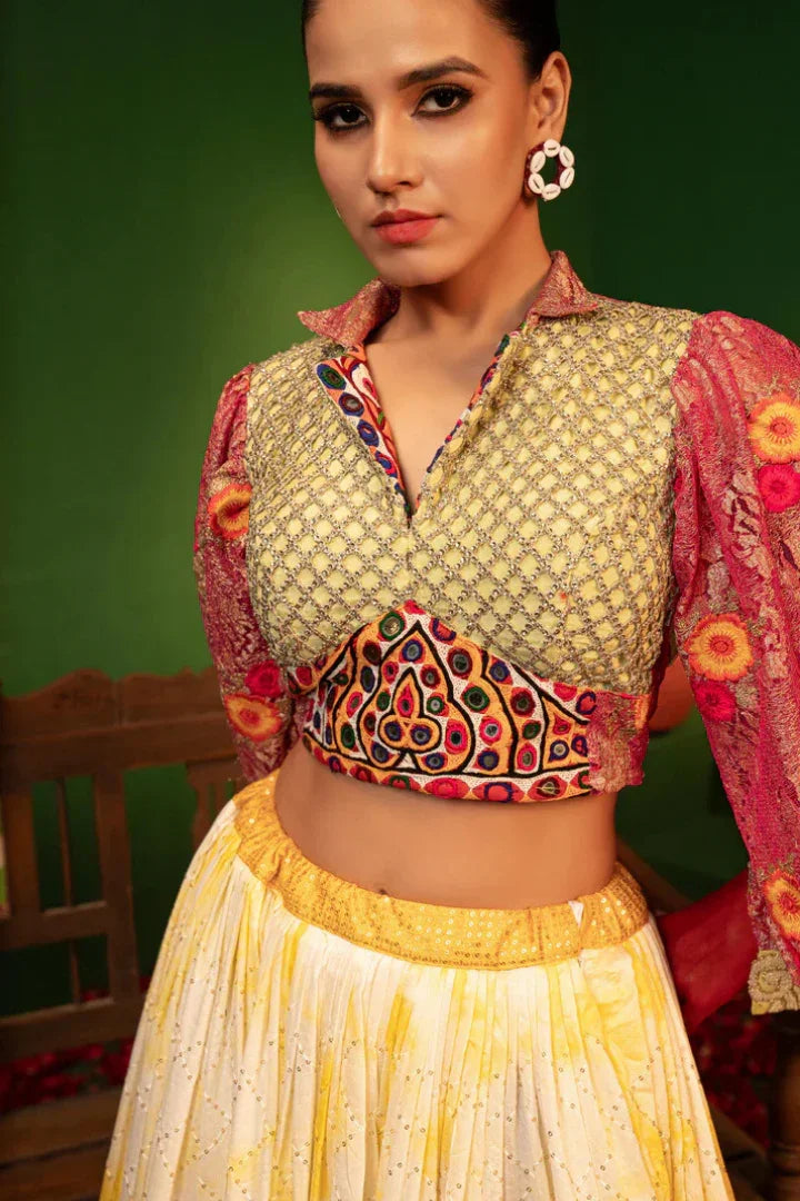 Buy Devi Aloka Yellow Batik Lehenga with Chanderi Silk and Silk Blouse