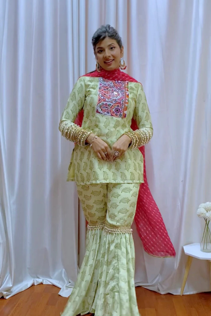 Green Printed Kurta Sharara Set with Bandhani Dupatta and Exquisite Mirror Work