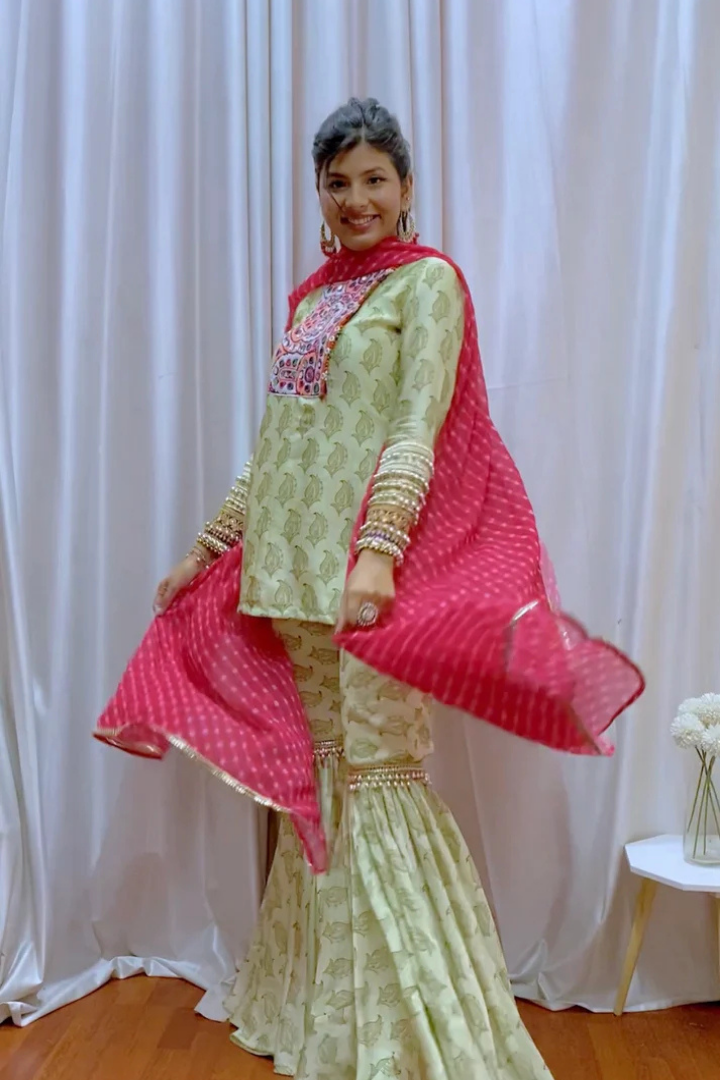 Green Printed Kurta Sharara Set with Bandhani Dupatta and Exquisite Mirror Work