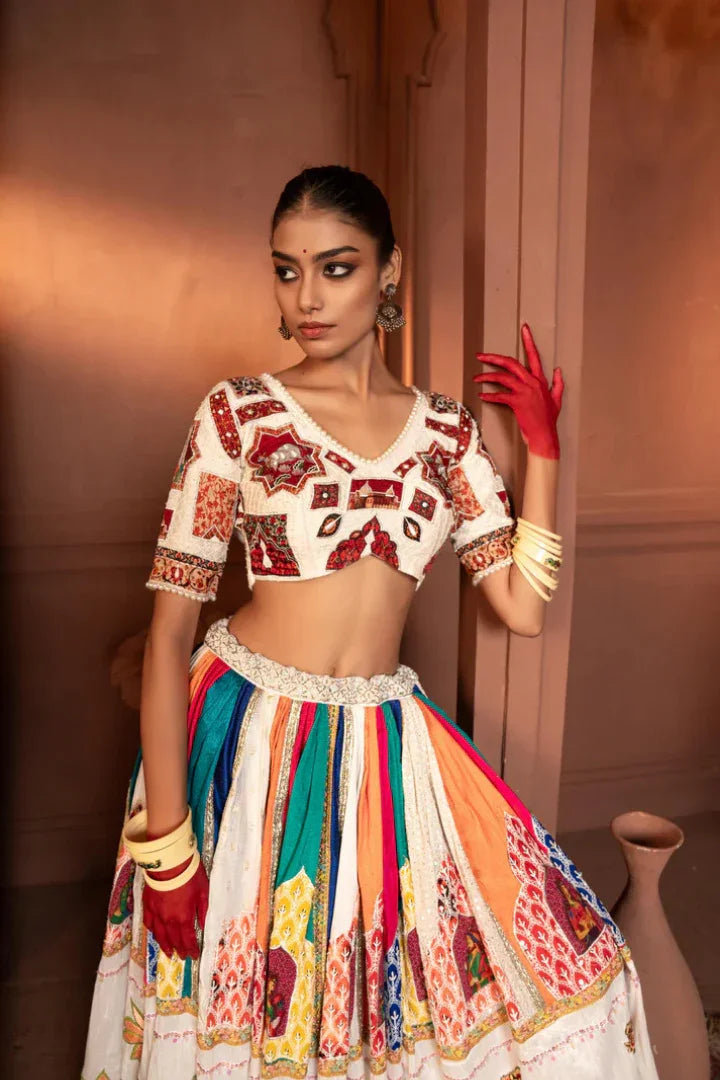 Buy Devi White Emerald Allover Patch Work Silk Lehenga