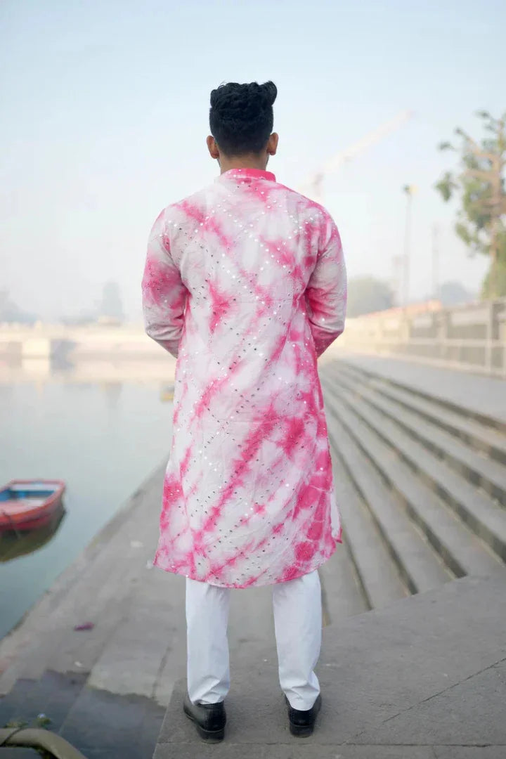 Buy Gulabi Nazaqat Chanderi Silk Kurta with Checks and Mirror Embellishments