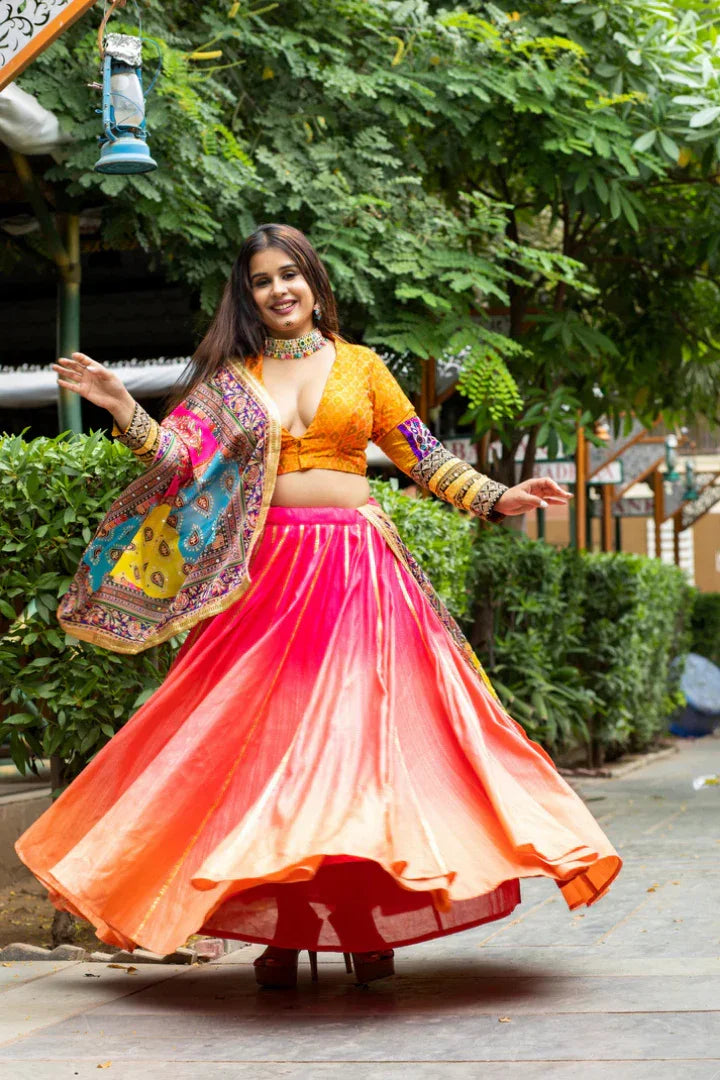 Buy Designer Silk Lehenga Set: Shaded Elegance, Ikat Blouse, Vibrant Dupatta