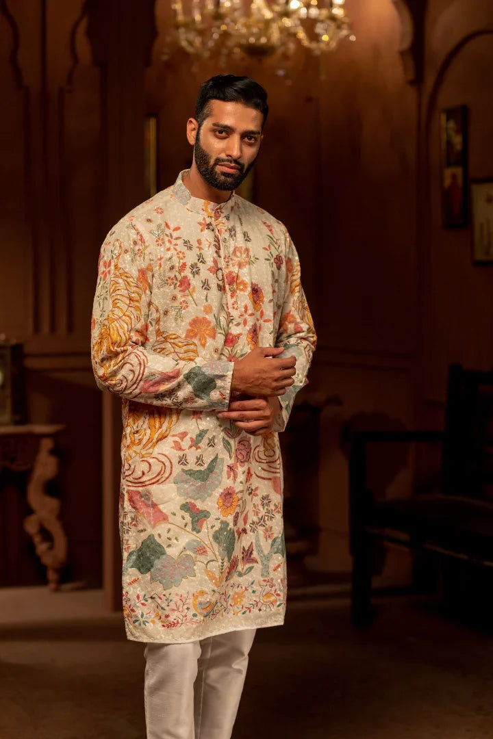 Buy Enchanted White wolf Motif kurta for men