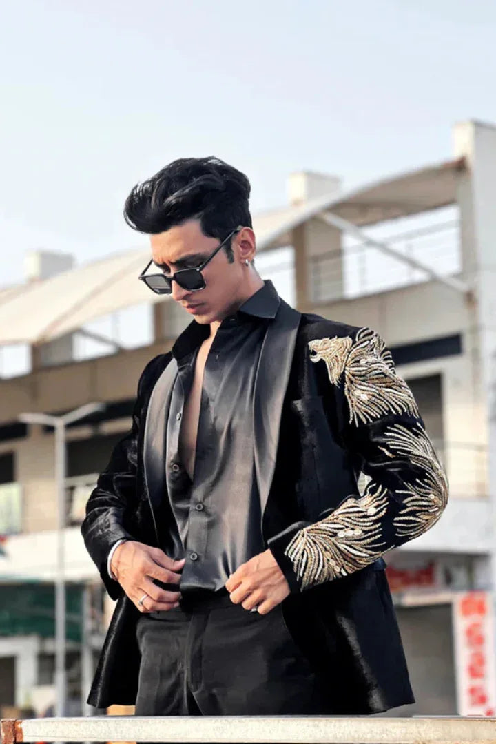 Buy Handcrafted Embroidered Silk Blazer with Pants