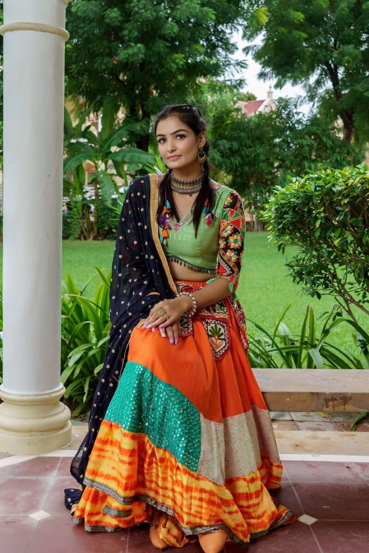 Green Blouse And Multicolour Lehenga With Navy Blue Dupatta