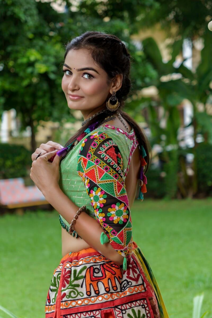 Green Blouse And Multicolour Lehenga With Navy Blue Dupatta