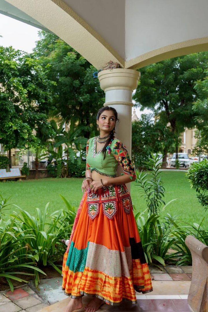 Green Blouse And Multicolour Lehenga With Navy Blue Dupatta