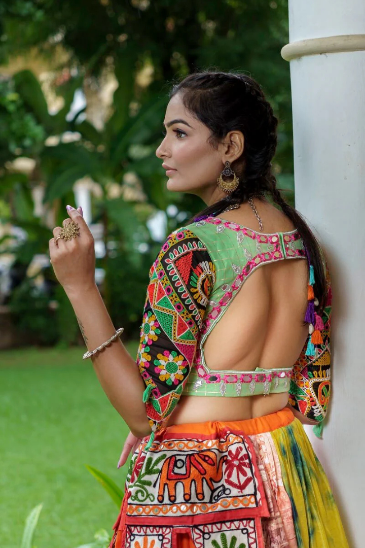 Green Blouse And Multicolour Lehenga With Navy Blue Dupatta