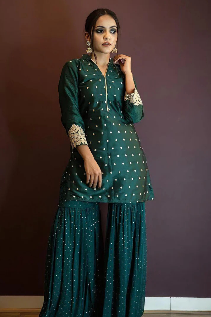 Dark Rama Green Kurta Sharara And Dupatta