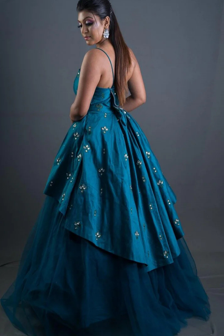 Buy Turquoise Green Silk And Net Gown