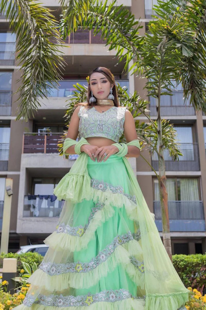 Green Ruffled Embroidered Lehenga