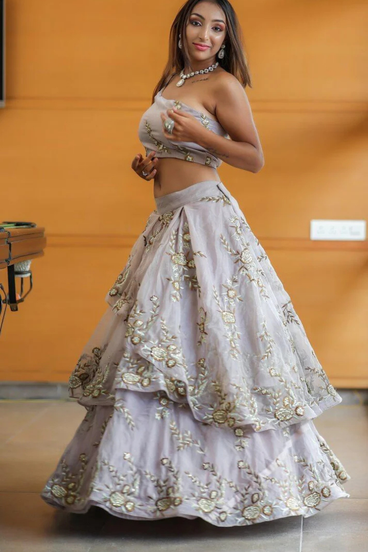 Onion Colour Organza Layers Lehenga With One Shoulder Blouse
