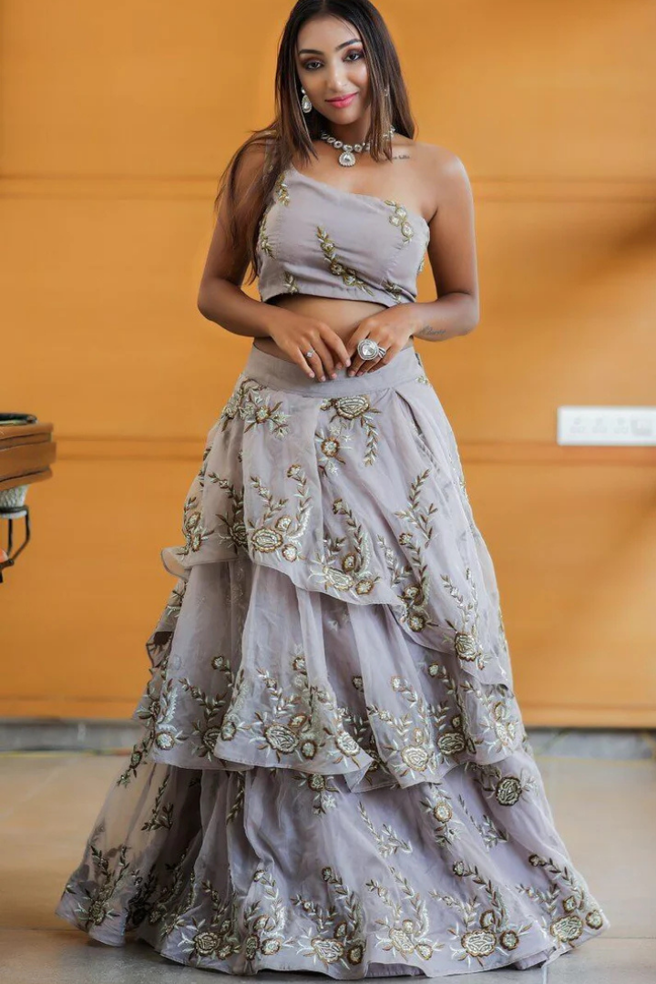 Onion Colour Organza Layers Lehenga With One Shoulder Blouse