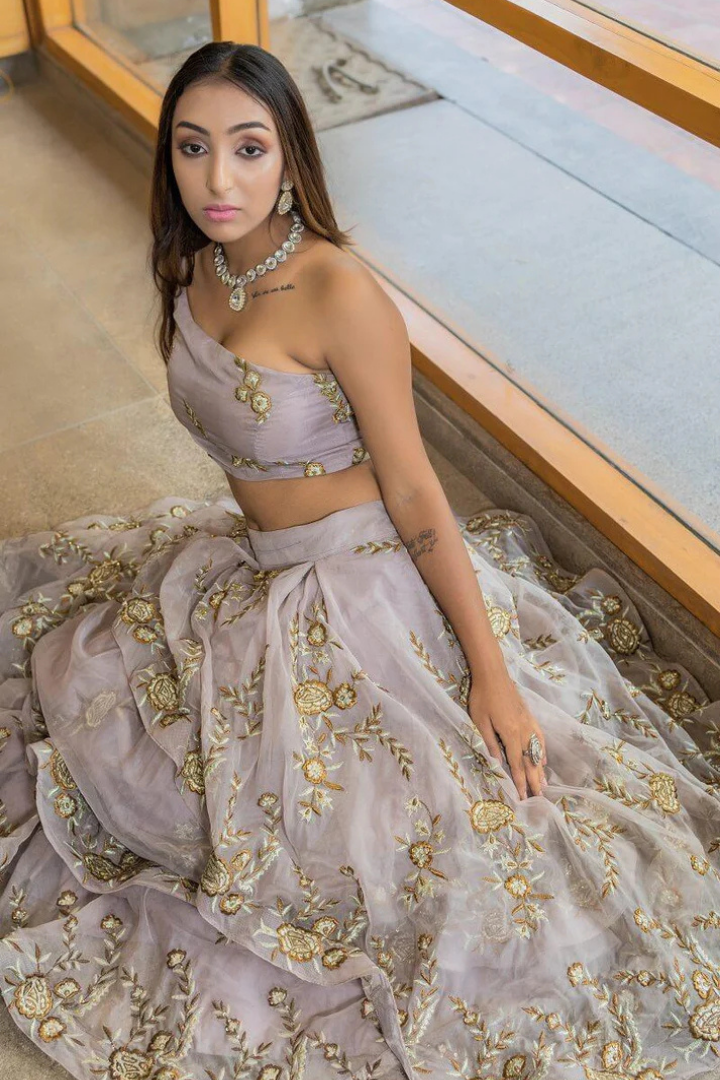 Onion Colour Organza Layers Lehenga With One Shoulder Blouse