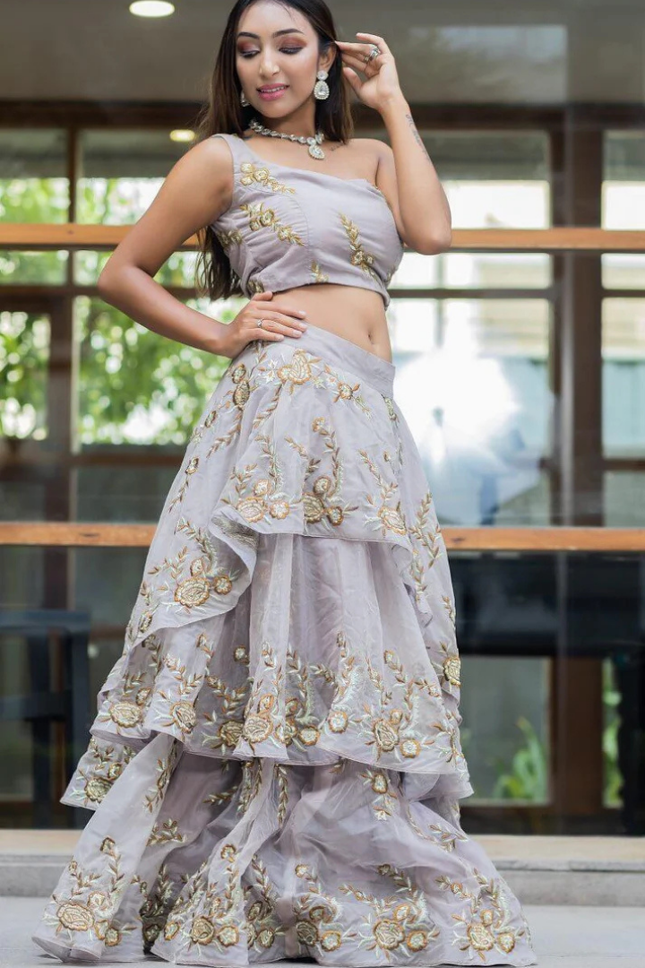 Onion Colour Organza Layers Lehenga With One Shoulder Blouse