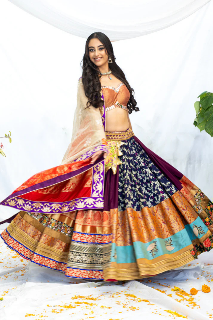 Banarasi Silk Lehenga with Pink Shimmer, Mirror Blouse & Organza Dupatta