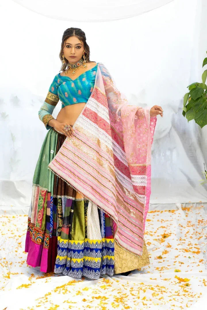 Buy Handcrafted Multicolored Lehenga with Ikat Blouse & Bandhani Dupatta